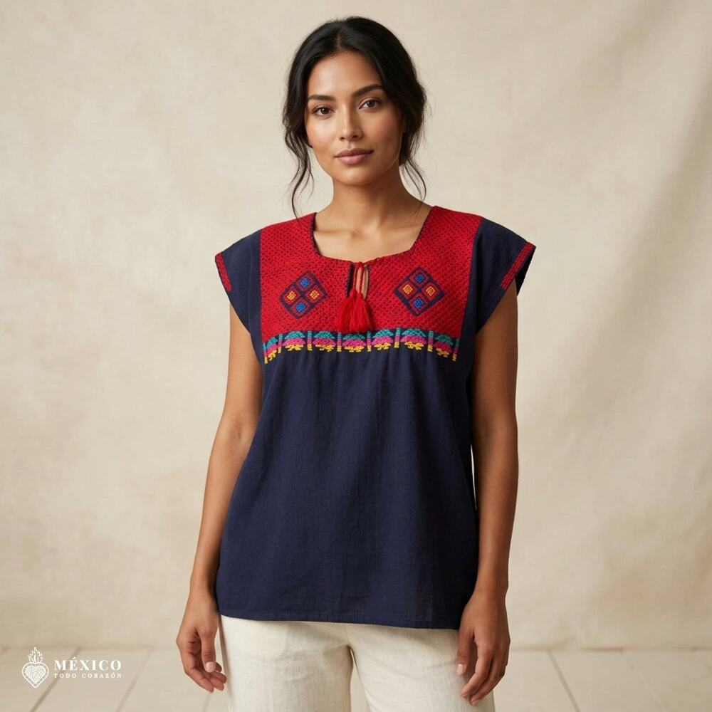 Traditional Mexican Huipil Blouse – Handmade Embroidered Manta Top